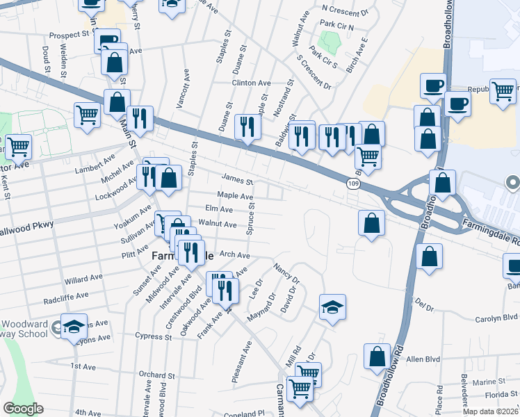 map of restaurants, bars, coffee shops, grocery stores, and more near 27 Walnut Avenue in Farmingdale