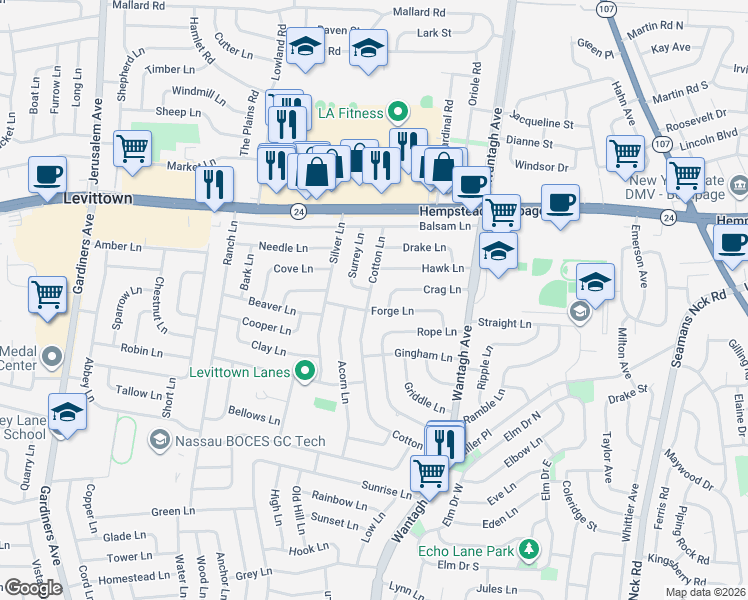 map of restaurants, bars, coffee shops, grocery stores, and more near 56 Cotton Lane in Levittown