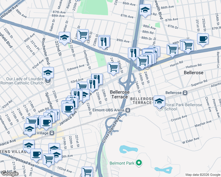 map of restaurants, bars, coffee shops, grocery stores, and more near 9429 238th Street in Bellerose