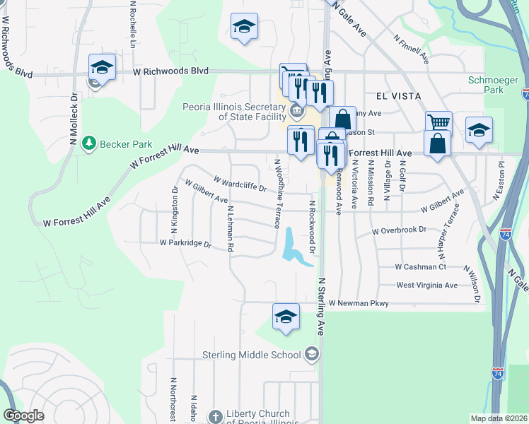 map of restaurants, bars, coffee shops, grocery stores, and more near 2714 West Overbrook Drive in Peoria
