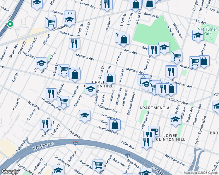 map of restaurants, bars, coffee shops, grocery stores, and more near 29 Nairn Place in Newark