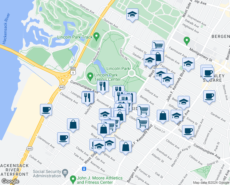 map of restaurants, bars, coffee shops, grocery stores, and more near 862 Communipaw Avenue in Jersey City