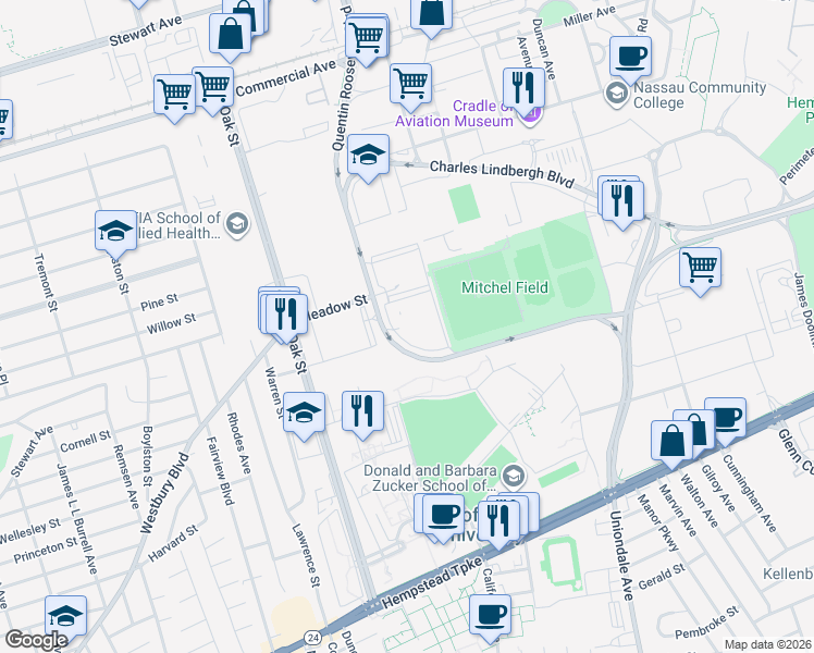 map of restaurants, bars, coffee shops, grocery stores, and more near 50 Charles Lindbergh Boulevard in Uniondale