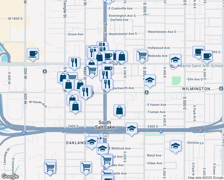 map of restaurants, bars, coffee shops, grocery stores, and more near 2245 South State Street in Salt Lake City