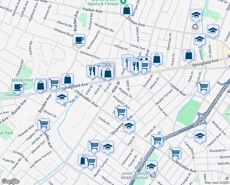 map of restaurants, bars, coffee shops, grocery stores, and more near 101 Prospect Avenue in Irvington