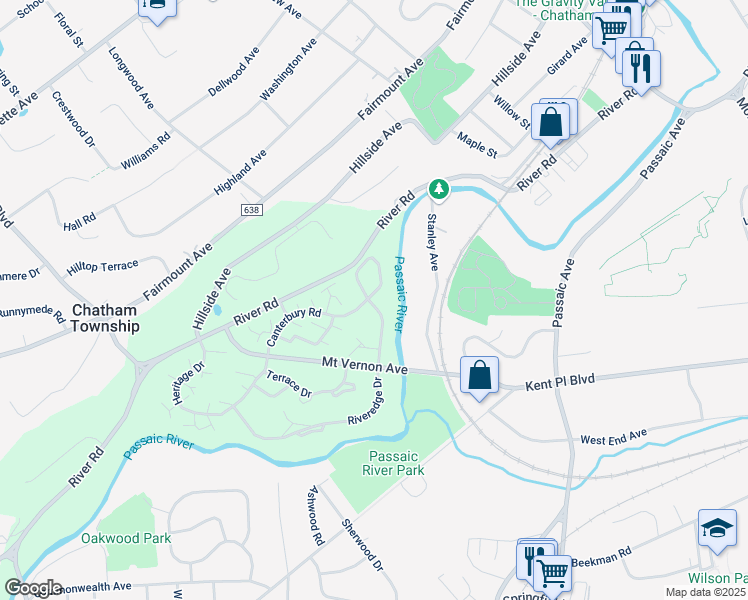 map of restaurants, bars, coffee shops, grocery stores, and more near 235 River Road in Chatham Township