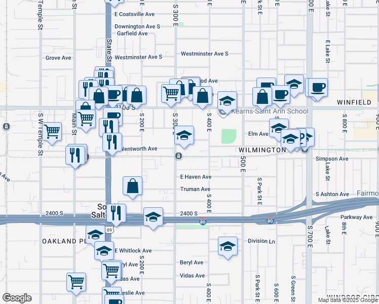 map of restaurants, bars, coffee shops, grocery stores, and more near 2255 South 300 East in South Salt Lake