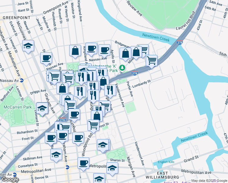 map of restaurants, bars, coffee shops, grocery stores, and more near 75 Beadel Street in Brooklyn