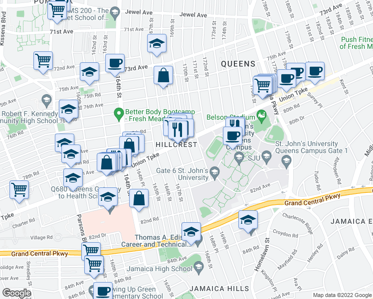 map of restaurants, bars, coffee shops, grocery stores, and more near 80-18 169th Street in Queens