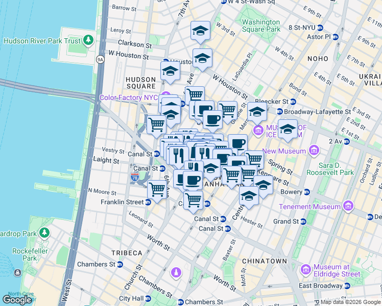 map of restaurants, bars, coffee shops, grocery stores, and more near 78 Grand Street in New York