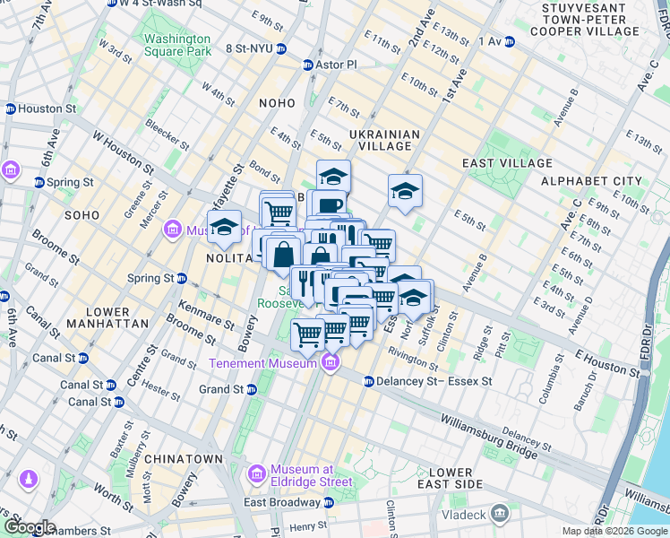 map of restaurants, bars, coffee shops, grocery stores, and more near 53 Stanton Street in New York