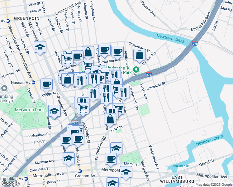 map of restaurants, bars, coffee shops, grocery stores, and more near 535 Morgan Avenue in Brooklyn
