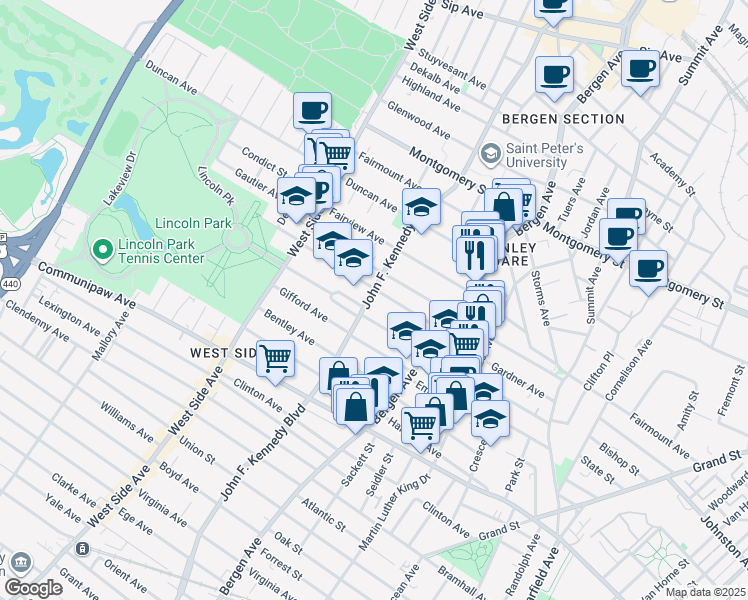 map of restaurants, bars, coffee shops, grocery stores, and more near 2500 John F. Kennedy Boulevard in Jersey City
