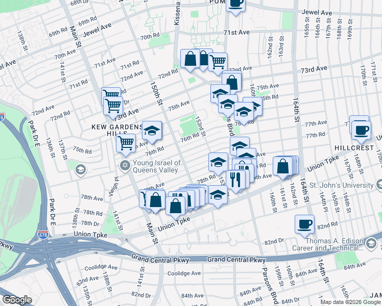 map of restaurants, bars, coffee shops, grocery stores, and more near 150-24 77th Road in Queens