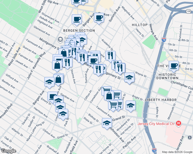 map of restaurants, bars, coffee shops, grocery stores, and more near 126 Beacon Way in Jersey City
