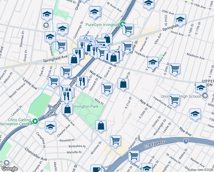 map of restaurants, bars, coffee shops, grocery stores, and more near 191 Maple Avenue in Irvington