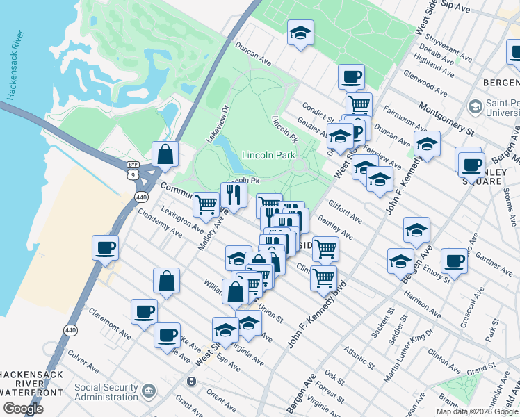 map of restaurants, bars, coffee shops, grocery stores, and more near 862 Communipaw Avenue in Jersey City