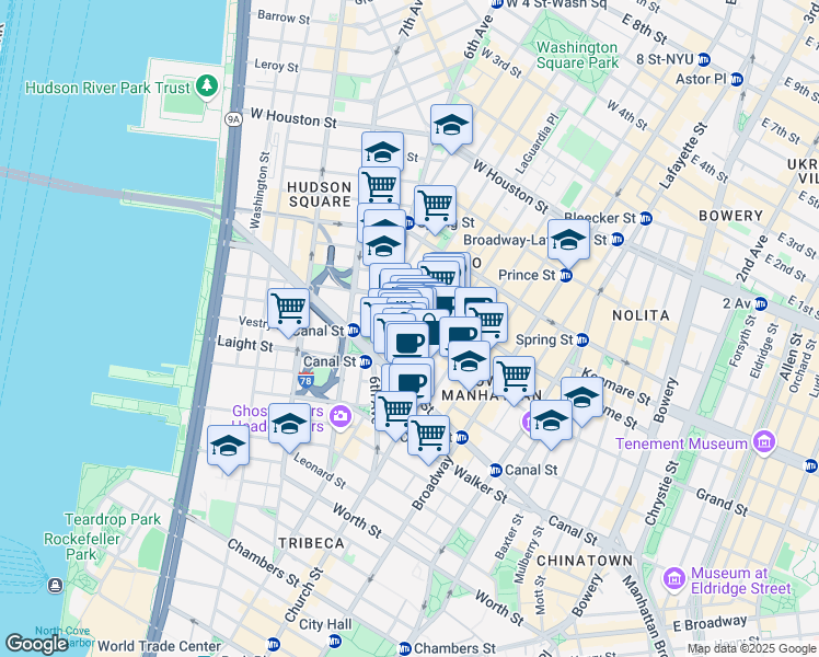 map of restaurants, bars, coffee shops, grocery stores, and more near 46 Grand Street in New York