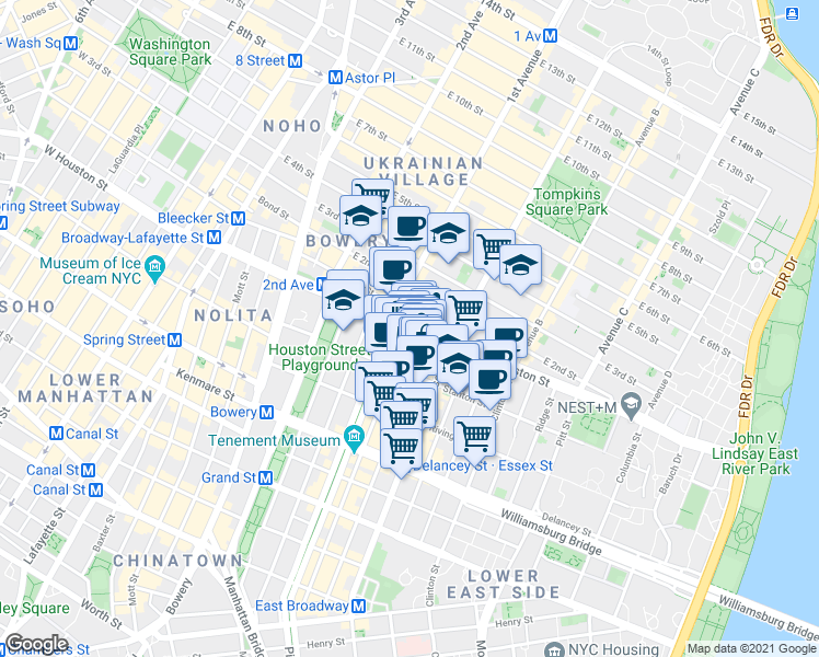 map of restaurants, bars, coffee shops, grocery stores, and more near E Houston St & Orchard St in New York