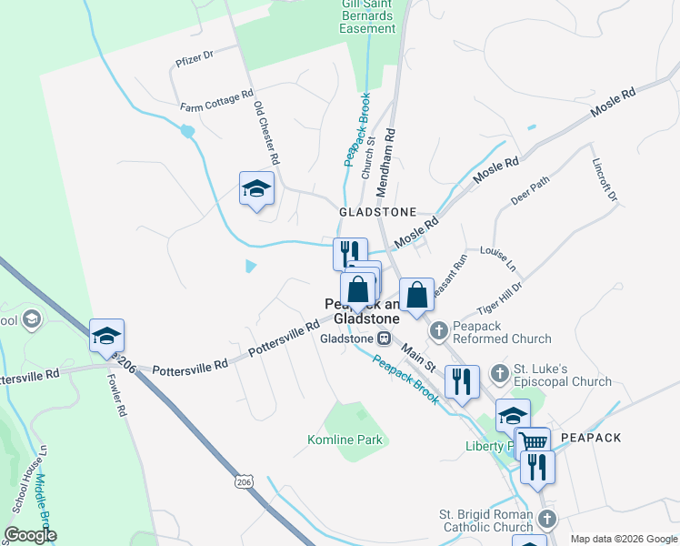 map of restaurants, bars, coffee shops, grocery stores, and more near 289 Main Street in Peapack and Gladstone