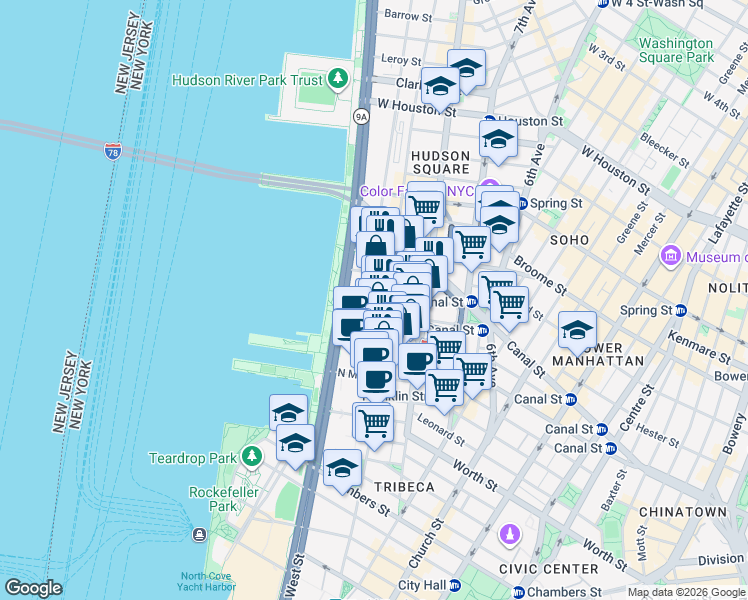 map of restaurants, bars, coffee shops, grocery stores, and more near 415 Washington Street in New York