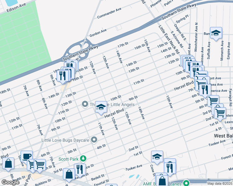 map of restaurants, bars, coffee shops, grocery stores, and more near 195 13th Avenue in West Babylon