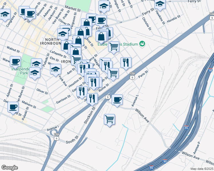 map of restaurants, bars, coffee shops, grocery stores, and more near 23-37 Rome Street in Newark