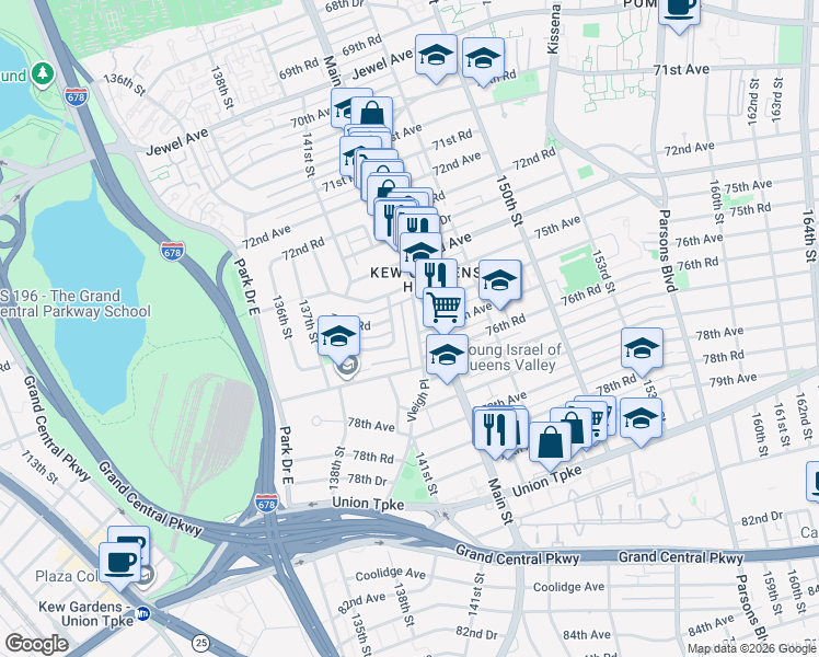 map of restaurants, bars, coffee shops, grocery stores, and more near 75-18 Vleigh Place in Queens