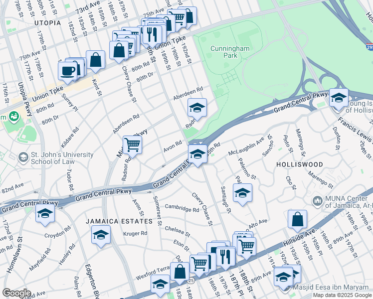 map of restaurants, bars, coffee shops, grocery stores, and more near 30 Grand Central Parkway in Queens