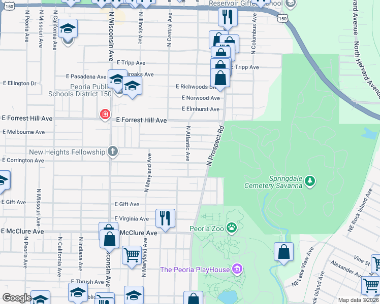 map of restaurants, bars, coffee shops, grocery stores, and more near 1207 East Corrington Avenue in Peoria