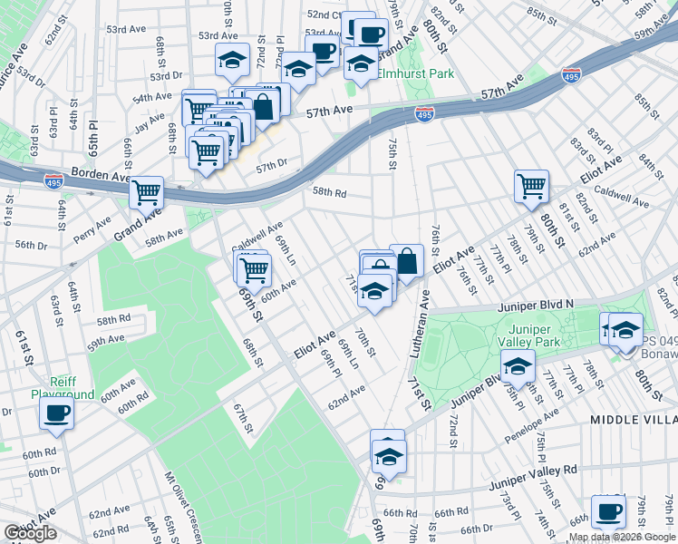map of restaurants, bars, coffee shops, grocery stores, and more near 60-18 71st Street in Queens