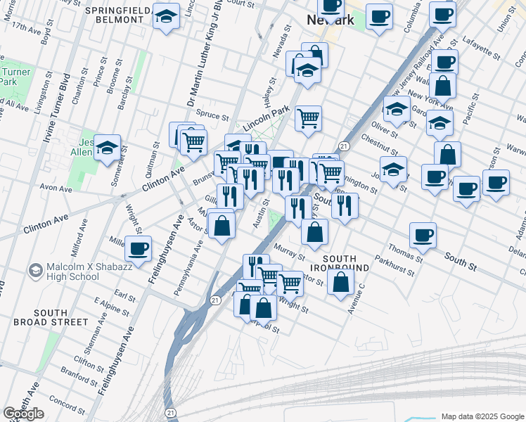map of restaurants, bars, coffee shops, grocery stores, and more near 11 Tichenor Street in Newark