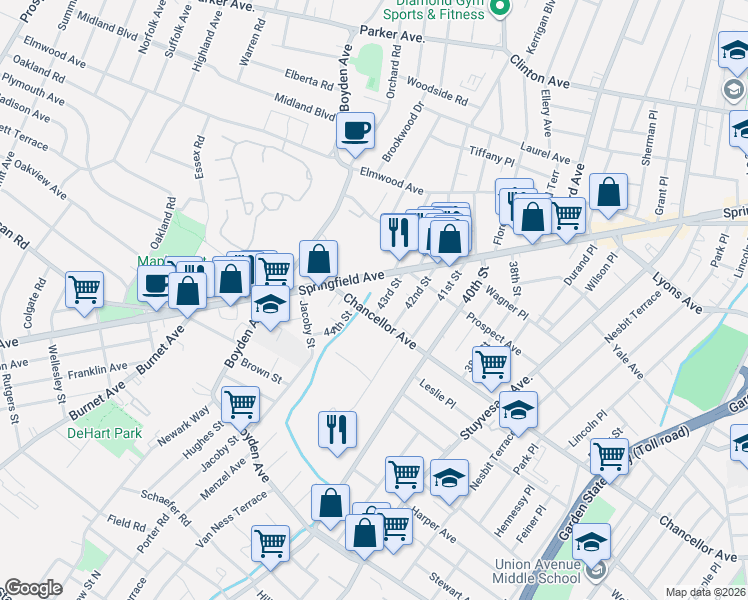 map of restaurants, bars, coffee shops, grocery stores, and more near in Irvington