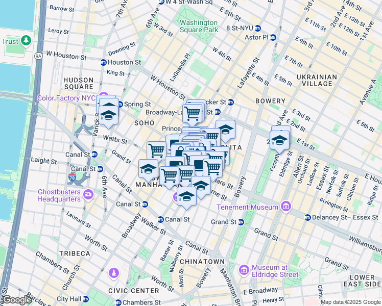map of restaurants, bars, coffee shops, grocery stores, and more near Crosby Street in New York