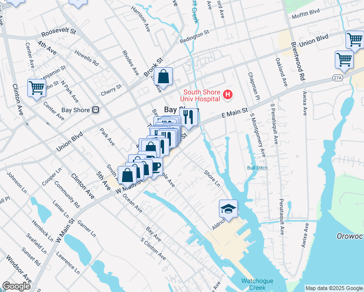 map of restaurants, bars, coffee shops, grocery stores, and more near 5 Shore Lane in Bay Shore