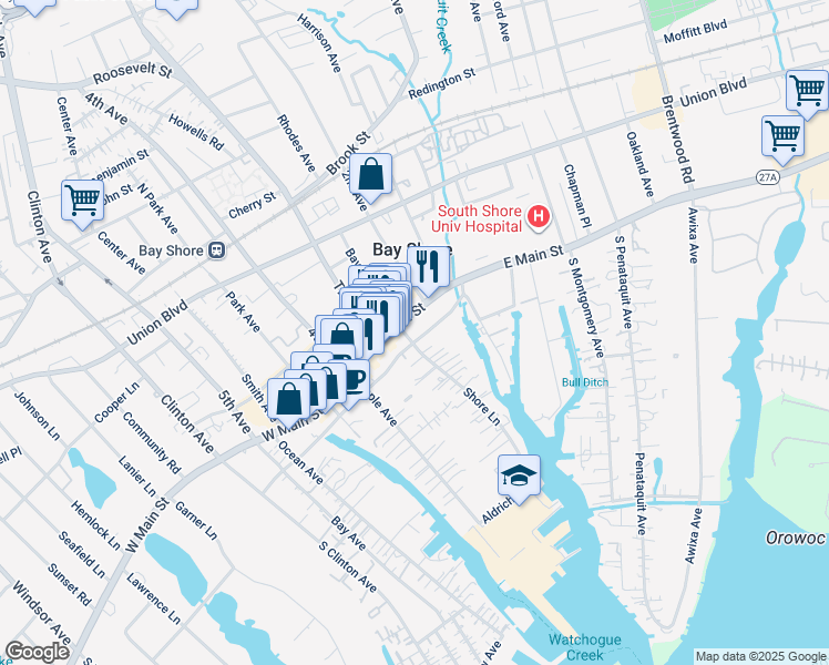 map of restaurants, bars, coffee shops, grocery stores, and more near 18 Shore Lane in Bay Shore