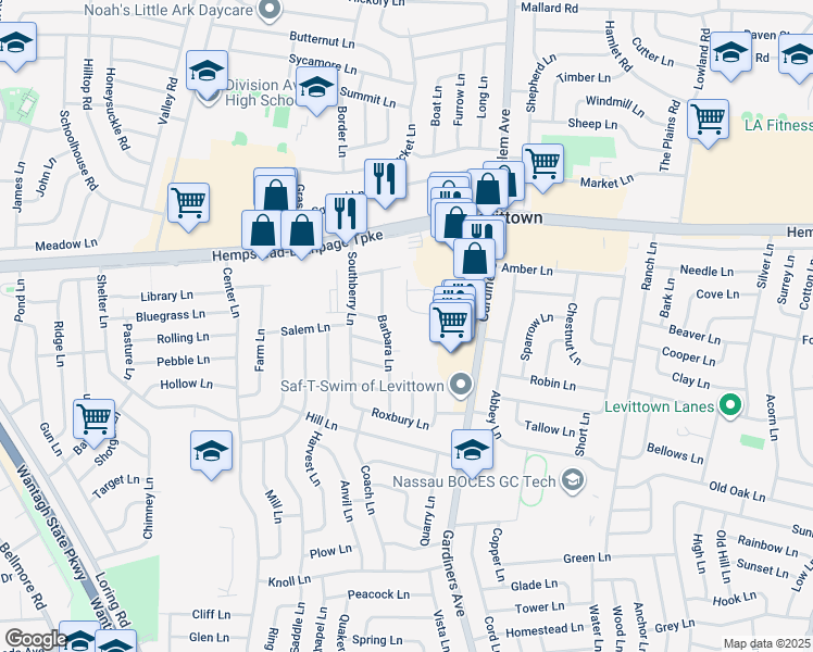 map of restaurants, bars, coffee shops, grocery stores, and more near in Levittown