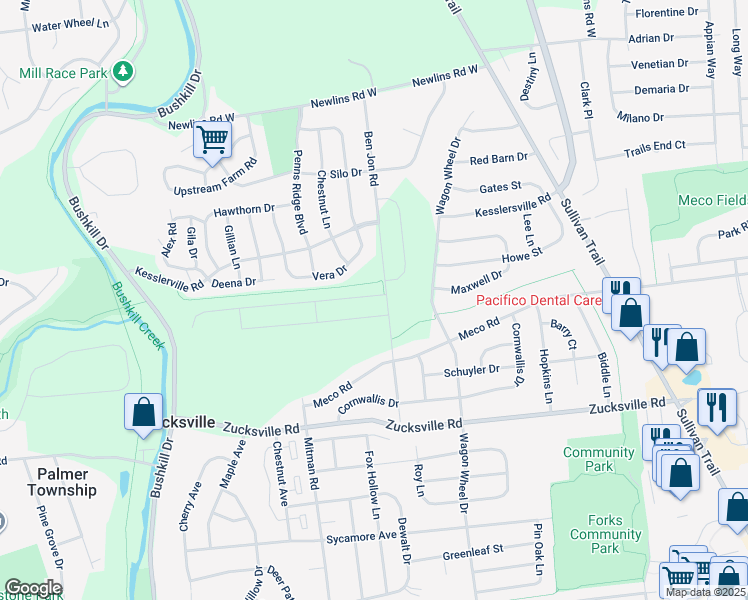 map of restaurants, bars, coffee shops, grocery stores, and more near 103 Winding Road in Easton