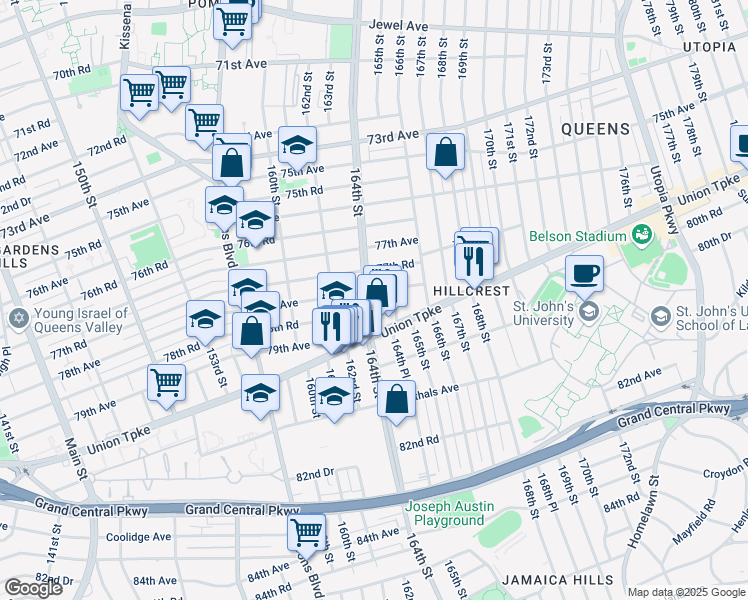 map of restaurants, bars, coffee shops, grocery stores, and more near 78-7 164th Street in Queens