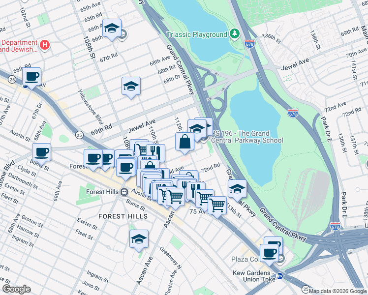 map of restaurants, bars, coffee shops, grocery stores, and more near 110-56 71st Avenue in Queens