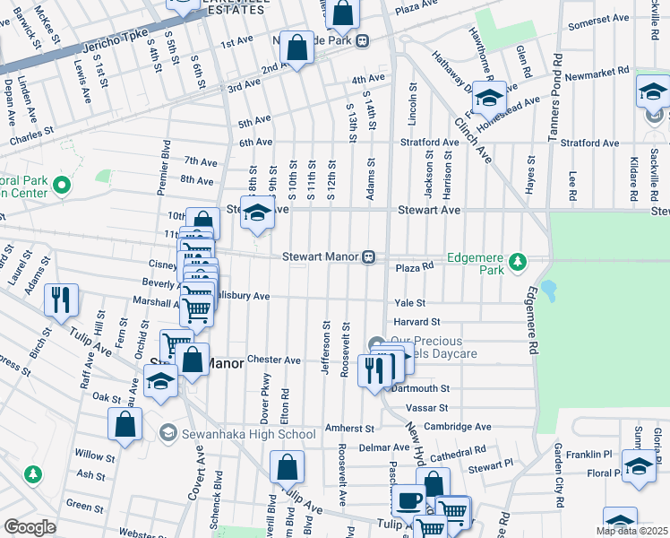 map of restaurants, bars, coffee shops, grocery stores, and more near 95 Jefferson Street in Garden City