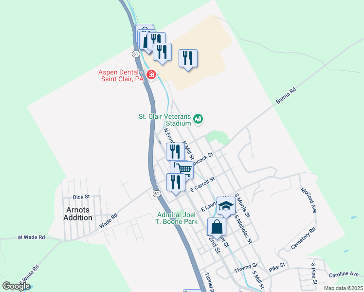 map of restaurants, bars, coffee shops, grocery stores, and more near 200 North Mill Street in Saint Clair