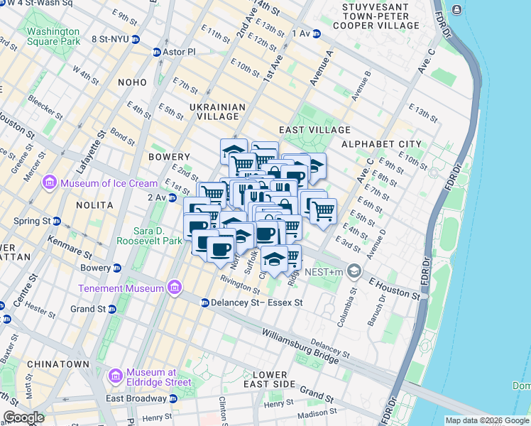 map of restaurants, bars, coffee shops, grocery stores, and more near 176 East 2nd Street in New York