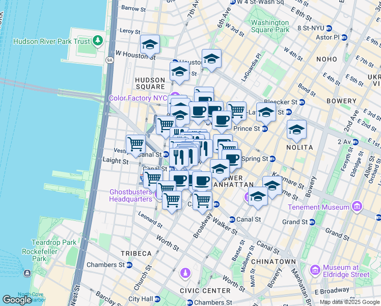 map of restaurants, bars, coffee shops, grocery stores, and more near 323 West Broadway in New York