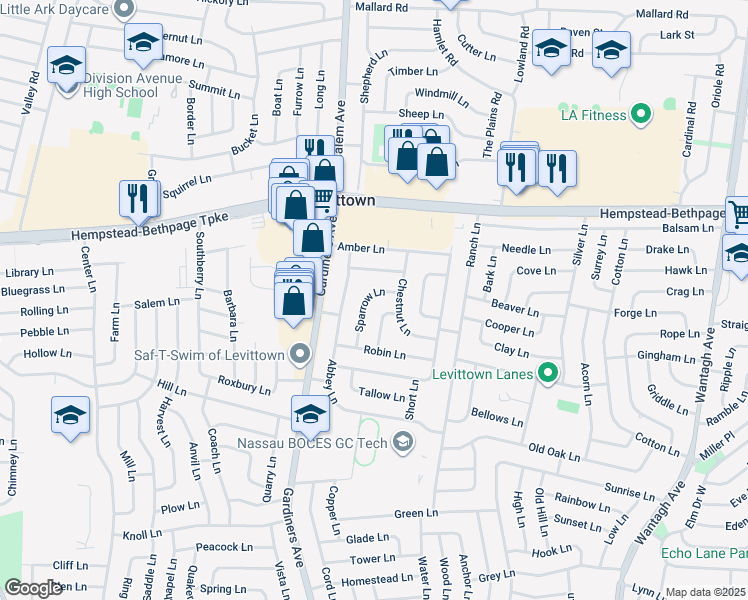 map of restaurants, bars, coffee shops, grocery stores, and more near 17 Sparrow Lane in Levittown