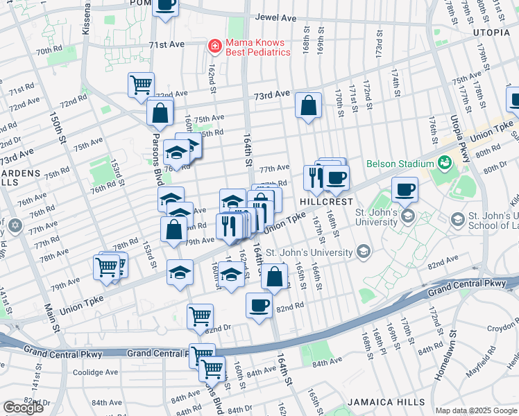 map of restaurants, bars, coffee shops, grocery stores, and more near 78-7 164th Street in Queens