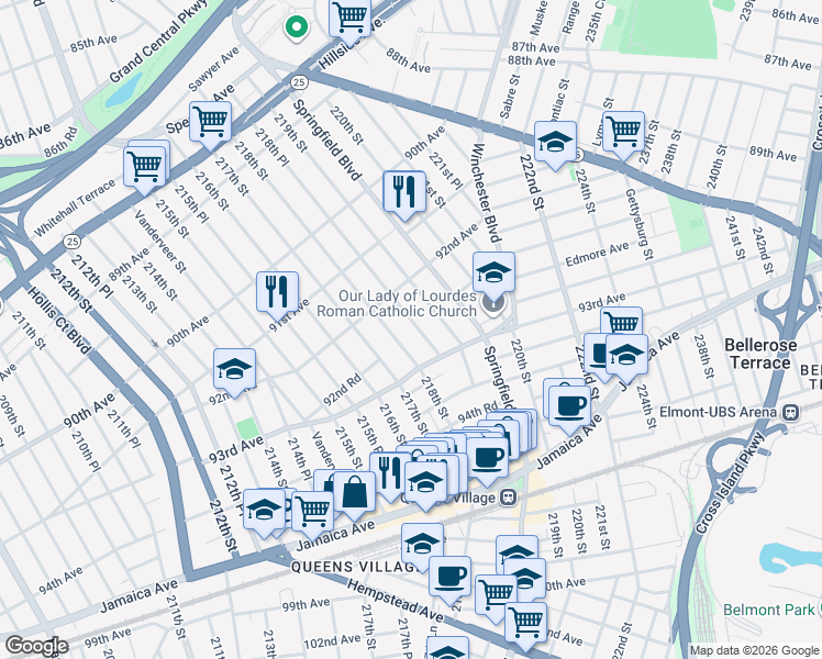 map of restaurants, bars, coffee shops, grocery stores, and more near 92-40 218th Place in Queens