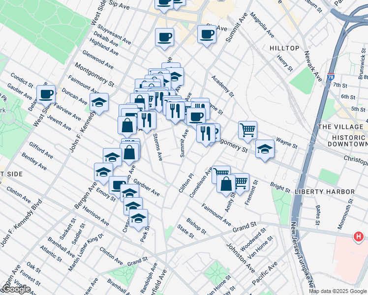 map of restaurants, bars, coffee shops, grocery stores, and more near 218 Summit Avenue in Jersey City