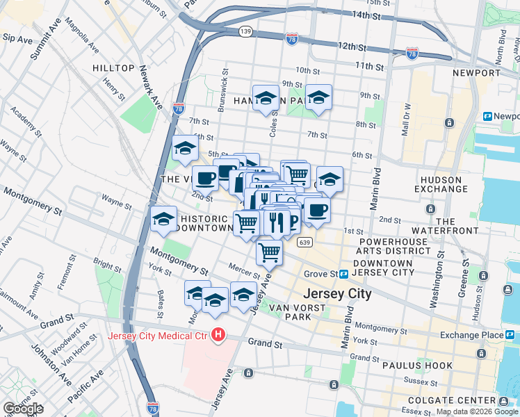 map of restaurants, bars, coffee shops, grocery stores, and more near 240 County Road 639 in Jersey City