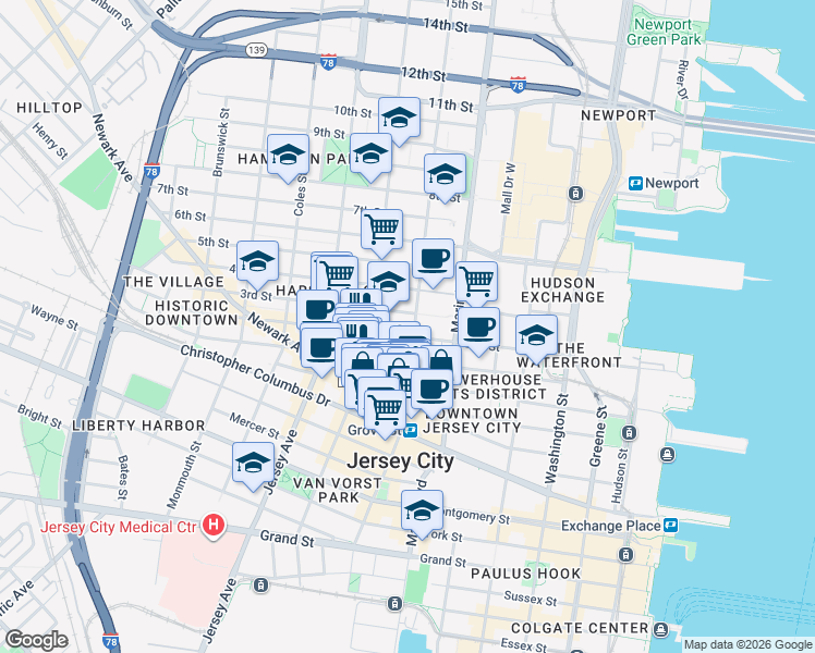 map of restaurants, bars, coffee shops, grocery stores, and more near in Jersey City